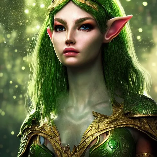 Image similar to portrait elf warrior in the forest, glowing, ornate and intricate green armour, jaw dropping beauty, glowing background lighting, green accent lighting, hyper detailed, fairy tale, 4 k octane render