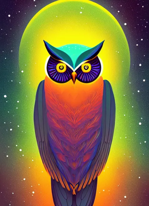 Prompt: symmetry!! product render poster vivid colors divine proportion owl, starry sky, glowing fog intricate, elegant, highly detailed, digital painting, artstation, concept art, smooth, sharp focus, illustration,