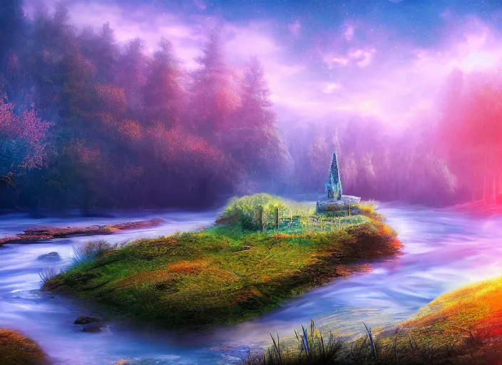 Image similar to An enchanted dreamscape, a memory of a forgotten land, sunset, landscape, river, majestic, 4k art, high resolution