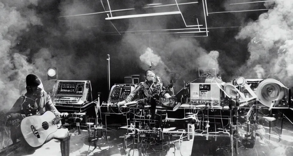 Prompt: 70s scifi film production still of robot musician tribal monks playing music instruments in a futuristic space-station music studio interior with smoke fog steam, half shot, guitarists