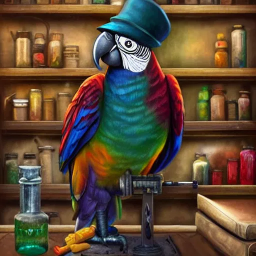 Image similar to Anthropomorphized parrot trader in his shop, medium shot, full body, items, weapons, magic potions, trinkets, carpet, lamps, window, fancy hat, sly expression, cunning expression, cute expression, long thick shiny black beak, D&D, fantasy, cinematic lighting, highly detailed, digital painting, artstation, concept art, smooth, sharp focus, illustration, warm light, cozy warm tint, magic the gathering artwork, volumetric lighting, 8k, art by Greg Rutkowski