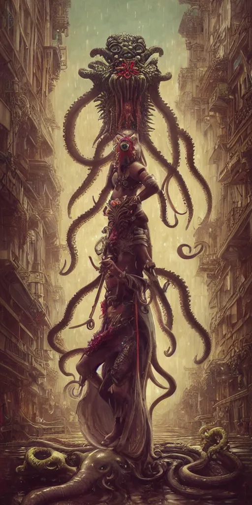 Image similar to hyper realistic Princess Mononoke attacking Cthulhu with a golden sword, ornate mask, wet market street, rainy atmosphere, cyberpunk metropolis, city landscape, jewels, full body pose, style of tom bagshaw, mucha, james gurney, norman rockwell, denoised, sharp