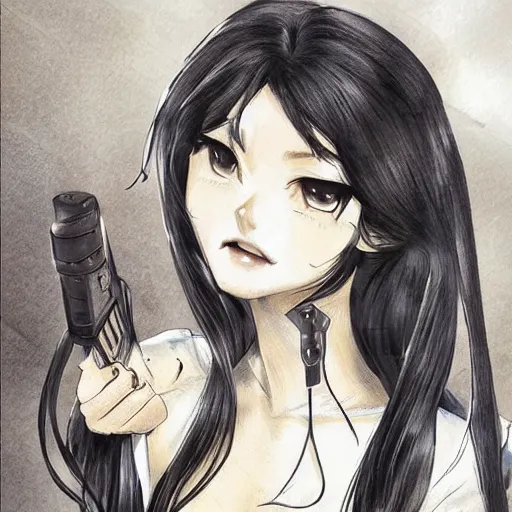 Image similar to portrait of a beautiful girl with long black hair, wearing police riot uniform, drawn by WLOP, by Avetetsuya Studios, attractive character, colored sketch anime manga panel, trending on Artstation