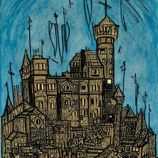 Image similar to A fascinating and detailed description of a medieval castle under siege, by Michael Deforge and Leon Kossoff, style of optical art, chartreuse, Lawrence of Arabia featured on ArtStation, trending on ArtStation, cgsociety, trending on 500px, deviantart