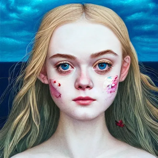 Prompt: professional painting of Elle Fanning on the beach in the style of Conrad Roset and Dino Valls and Hikari Shimoda, head and shoulders portrait, symmetrical facial features, smooth, sharp focus, illustration, intricate, stormy weather, extremely detailed masterpiece,