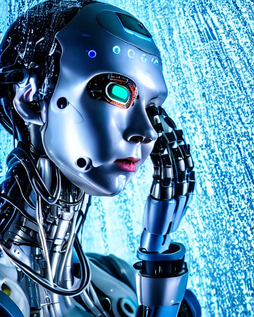 Image similar to photo of soulful female as a cyberpunk mecha humanoid robotic head and face parts with bright led lights, small light emitting cables over face, under a shower, wet skin with water dripping down face, ultra - realistic and detailed, long exposure 8 k