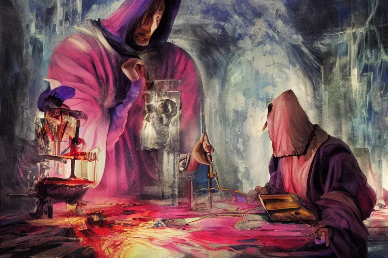 Image similar to A beautiful masterpiece painting of a technomancer wizard in robes with pointed hood discussing sentience with his synthesized Al djinn in his laboratory near a computer (by Remedios Varo and Anato Finnstark and Greg Rutkowski), (dayglo pink, dayglo blue, dazzle camouflage), 8k, trending on ArtStation