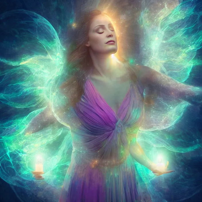 Image similar to goddess with divine feminine energy, floating in air, surrounded by luminescent light, dark nature background, hyper - realistic, photo render, extremely detailed