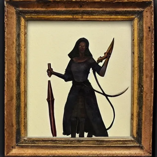 Image similar to black medieval hunter woman, expressive painting