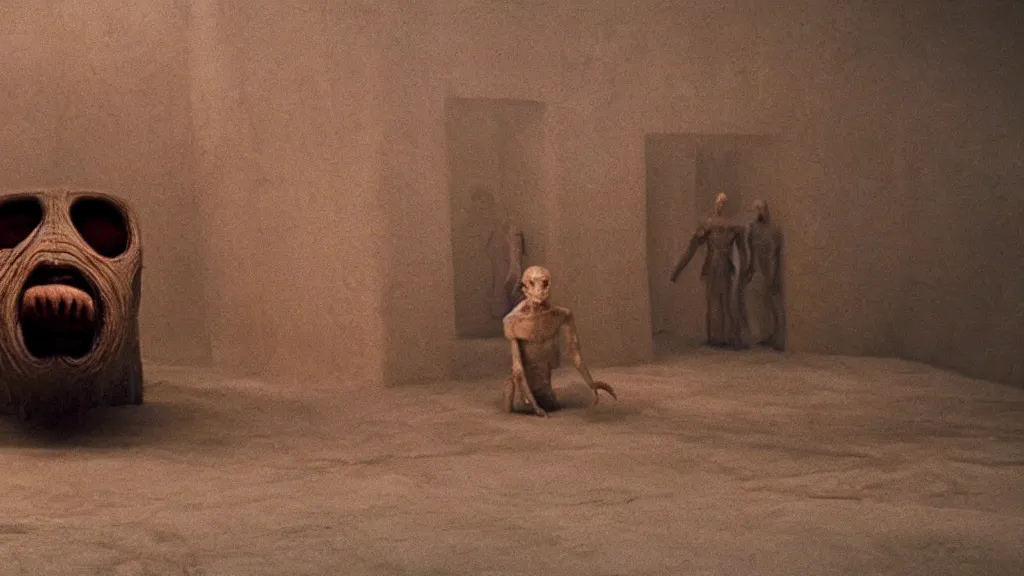 Image similar to the creature that told me it's secret, film still from the movie directed by Denis Villeneuve with art direction by Salvador Dalí, wide lens