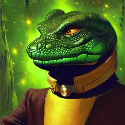 Image similar to a portrait of a male green reptile in star trek uniform at night in a dark forest. zootopia fursona furaffinity furry art detailed face painting by gaston bussiere craig mullins jc leyendecker gustav klimt artgerm greg rutkowski furry