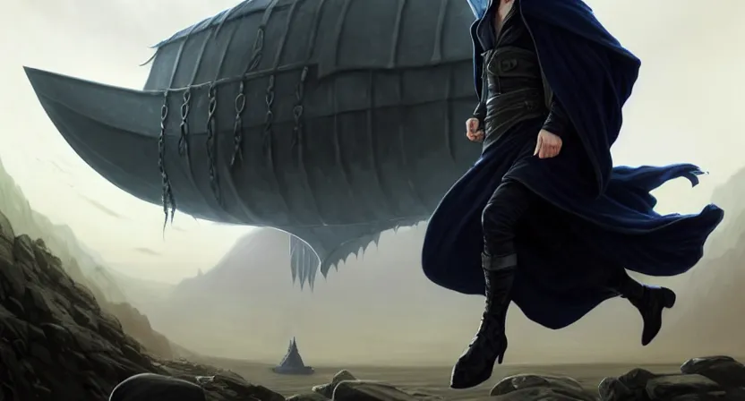 Image similar to handsome mage running away from a giant airship, black hair wearing hooded gothic navy cloak, cave town, movie action still frame, ultra wide horizon, intricate, elegant, highly detailed, hyperrealism, digital painting, concept art, smooth, sharp, focus, illustration, art by artgerm, greg rutkowski, ilya kuvshinov, alphonse mucha