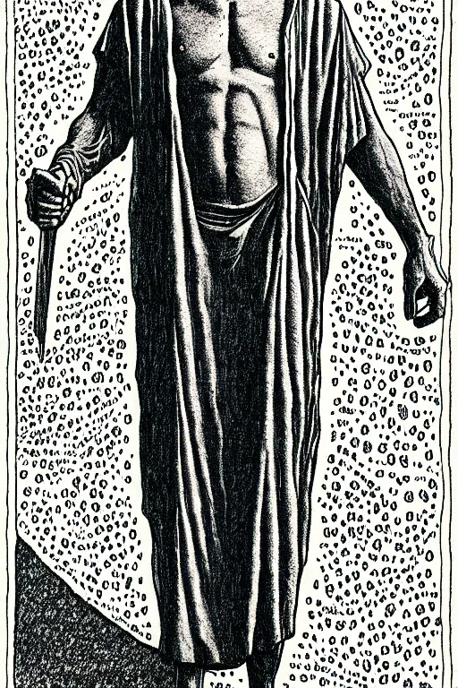 Image similar to larry david as god, full body, pen - and - ink illustration, etching, by russ nicholson, david a trampier, larry elmore, 1 9 8 1, hq scan, intricate details, stylized border