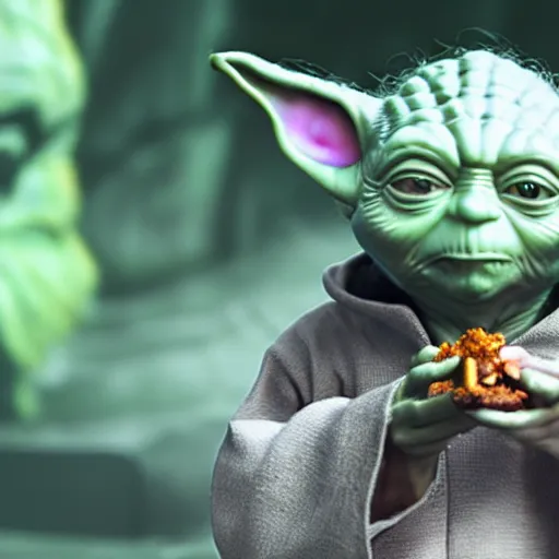 Prompt: A still of Yoda eating pabellón, 4k, photograph, ultra realistic, highly detailed, professional lighting