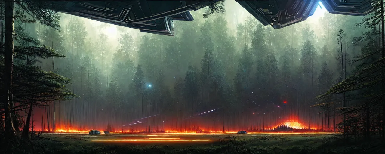 Prompt: a giant megastructure spaceship wrecked and lost in the forest, a small fire in the distance, big powerful laser light and big sound system on the left side close to the camera, detailed digital art by greg rutkowski.