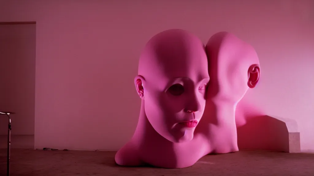 Prompt: a giant pink mannequin head in the middle of a living room, film still from the movie directed by denis villeneuve with art direction by zdzisław beksinski, wide lens