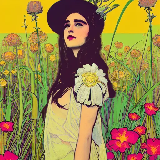 Prompt: a beautiful painting of a girl in a field of flowers with a helmet by andy warhol and conrad roset and alphonse mucha and nekro. in style of digital art. colorful comic, film noirs, symmetry, sharp lines, hyper detailed. octane render. trending on artstation