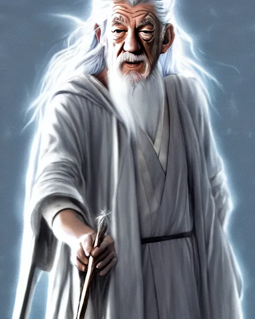 Image similar to portrait Anime joyful Gandalf Ian McKellen; White robe with wooden wizard staff, elven background || cute-fine-face, pretty face, realistic shaded Perfect face, fine details. Anime. realistic shaded lighting by katsuhiro otomo ghost-in-the-shell, magali villeneuve, artgerm, Jeremy Lipkin and Michael Garmash and Rob Rey Ilya Kuvshinov