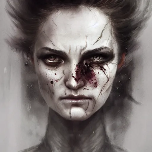 Image similar to a dead warrior with dead eyes character portrait, lean face, cinematic lighting, glowing grey eyes, hyper - detailed, 4 k, high resolution, in the style of charlie bowater, tom bagshaw, single face, symmetrical, headshot photograph, insanely detailed and intricate, beautiful, elegant, watercolor, cinematic, portrait, raphaelite, headroom, pierre - auguste renoir