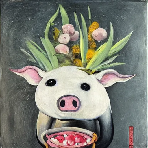 Image similar to “pig paintings and pig sculptures in a pig art gallery, pork, ikebana white flowers, white wax, squashed berries, acrylic and spray paint and oilstick on canvas, by munch and Dali”