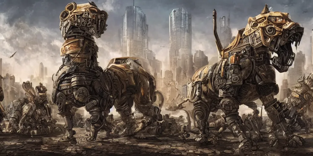 Image similar to the armoured lions war occurred in a cyberpunk city in 2 1 9 5