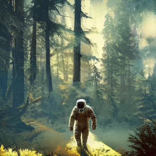 Image similar to american astronaut in the forest, plants environment, wide angle, cinematic lighting, atmospheric, realistic, octane render, highly detailed, in the style of craig mullins