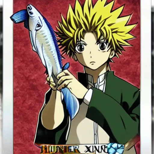 Prompt: official hunter x hunter card with picture of a bald man with a beard holding a fish