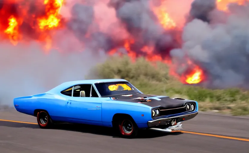 Image similar to a blue 1 9 7 0 plymouth road runner superbird driving high speed, fire explosion in the background, action scen. low camera realistic. high resolution. dramatic