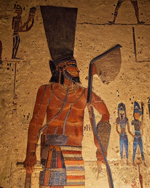 Image similar to detailed painting of an american lumberjack in the tomb of toutankhamon of egypt, deep focus, good lighting, rules of composition, intricate, greg rutkowski, magali villeneuve and monet