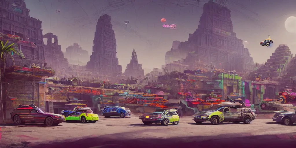 Image similar to hyperrealistic matte painting of aztec temples in a future environment with flying cars, mechanical features and neon, graffiti, scaffolding, smog, destruction by filip hodas, beeple, 4 k, trending on cgsociety