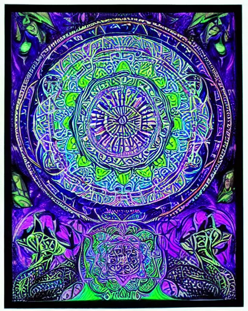 Image similar to doors of perception, psychedelic blacklight art, intricate mandala, mushrooms, forest