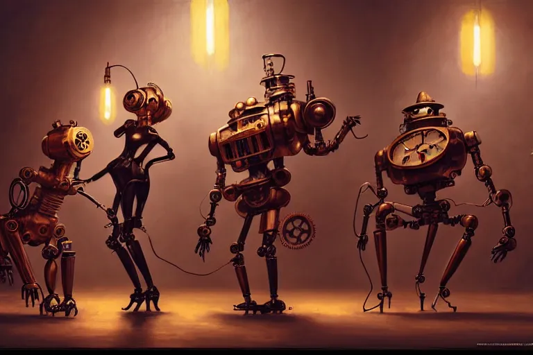 Prompt: steampunk robots expressively dancing by otto dix and greg rutkowski and andreas rocha, cinematic lighting, highly detailed, warm colours, 4 k