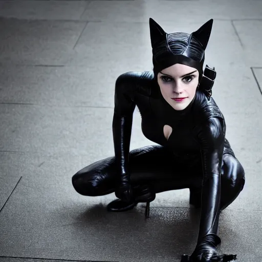 Image similar to Emma Watson as Catwoman, Fujifilm X-T3, 1/1250s at f/2.8, ISO 160, 84mm, 8K, RAW, symmetrical balance, Dolby Vision, HDR