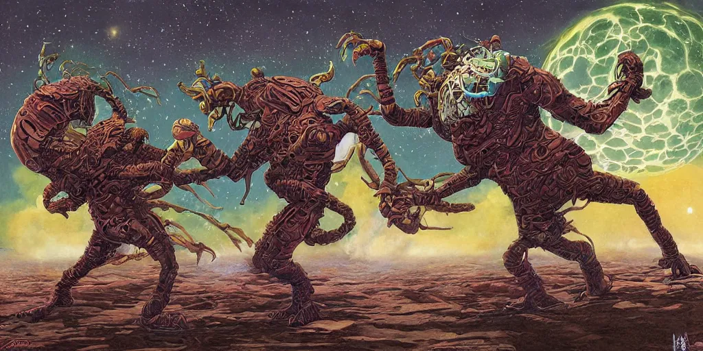 Prompt: digital painting of an extraterrestrial monster doing mixed martial, by michael whelan and john harris, highly detailed, intricate, studio ghibli color scheme