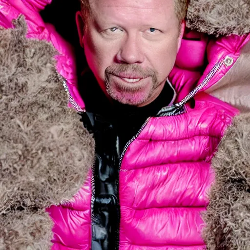 Image similar to professional portrait of james hetfield wearing a pink puffy jacket, very detailed, very intricate, dslr,