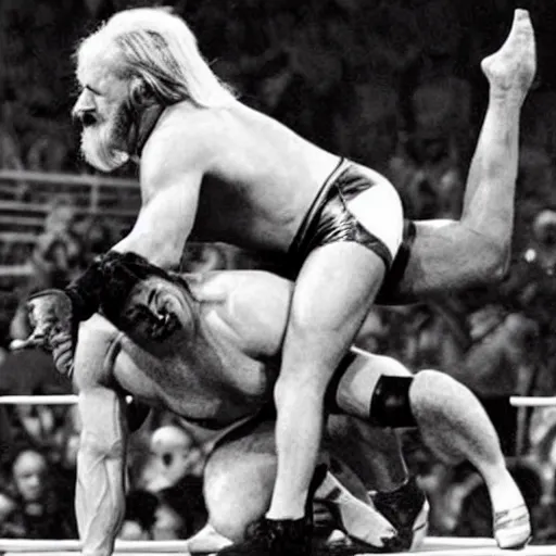 Prompt: jospeh stalin wrestling hulk hogan at wrestlemania