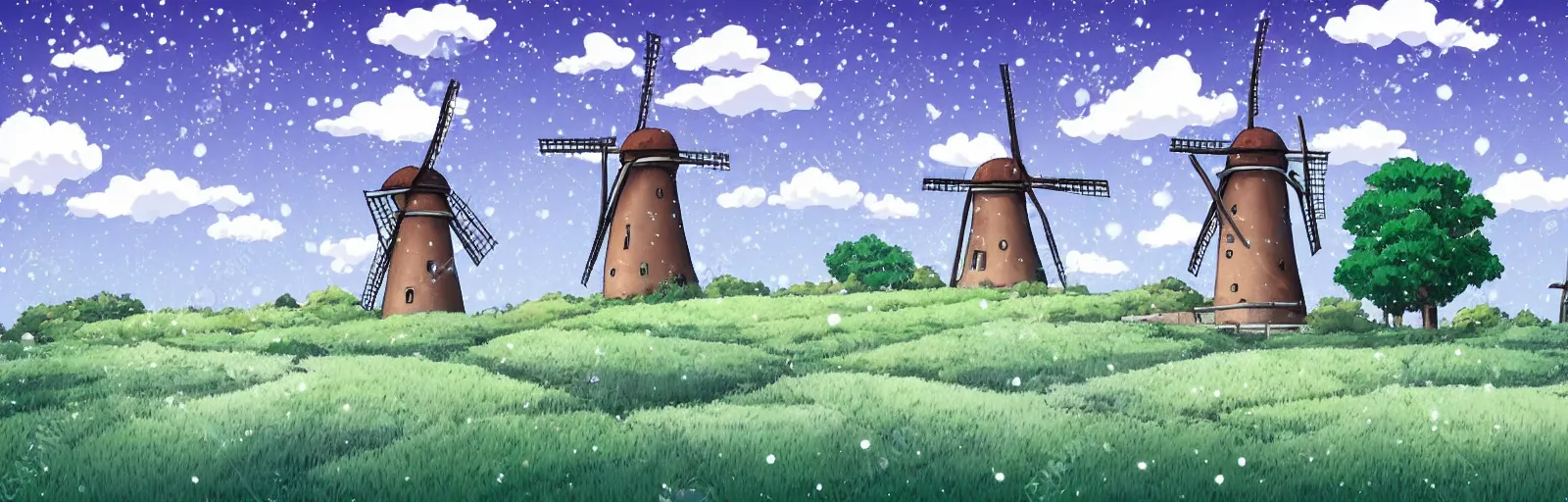 Image similar to beautiful countryside background with a windmill by studio ghibli, cute, winter