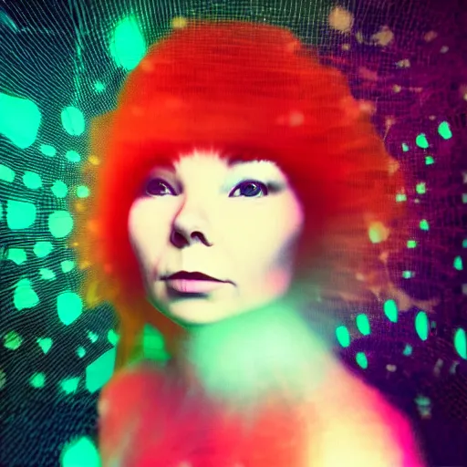 Image similar to “music album cover Bjork style redhead girl in a magic forest glitch noise pixelsorting RGB shift high resolution”