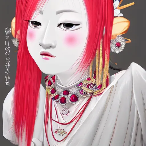 Image similar to albino maiko with a long fancy hair, detailed, jewelry, sakura, photograph, award wining, red and white, trending on artstation, 4 k, neon highlights