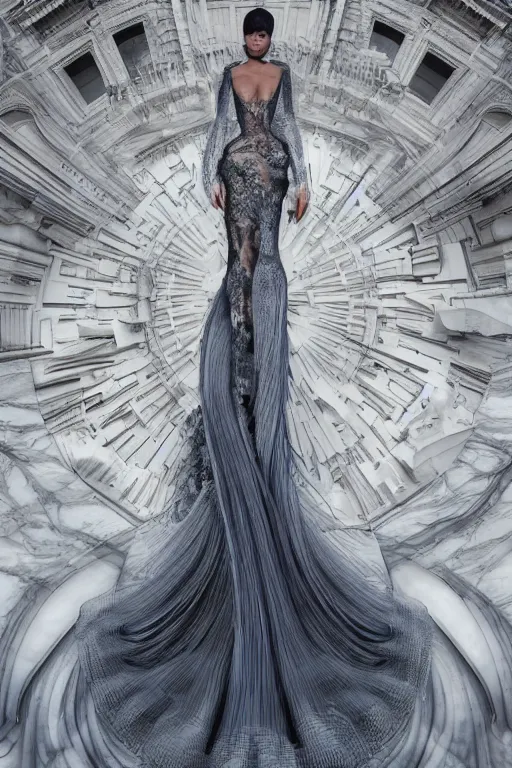 Prompt: a beautiful hyperrealistic ultradetailed 3D, one girl in a magnificent McQueen couture dress on against the backdrop of a marble building, Designer clothes, futuristic clothes, clothes from the future, voge photo, fashion style, fullbody, in full growth, photorealistic, high resolution, trending on artstation, highly detailed, volumetric lighting, elegant, details, good clear quality, volumetric lighting,