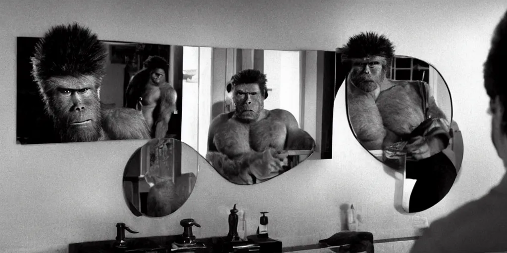 Image similar to ultra wide angle photo of alec baldwin dressed as blake, from glengarry glenn ross, looking at himself in a bathroom mirror and seeing his reflection as a hairy australopithecines like ape version of himself