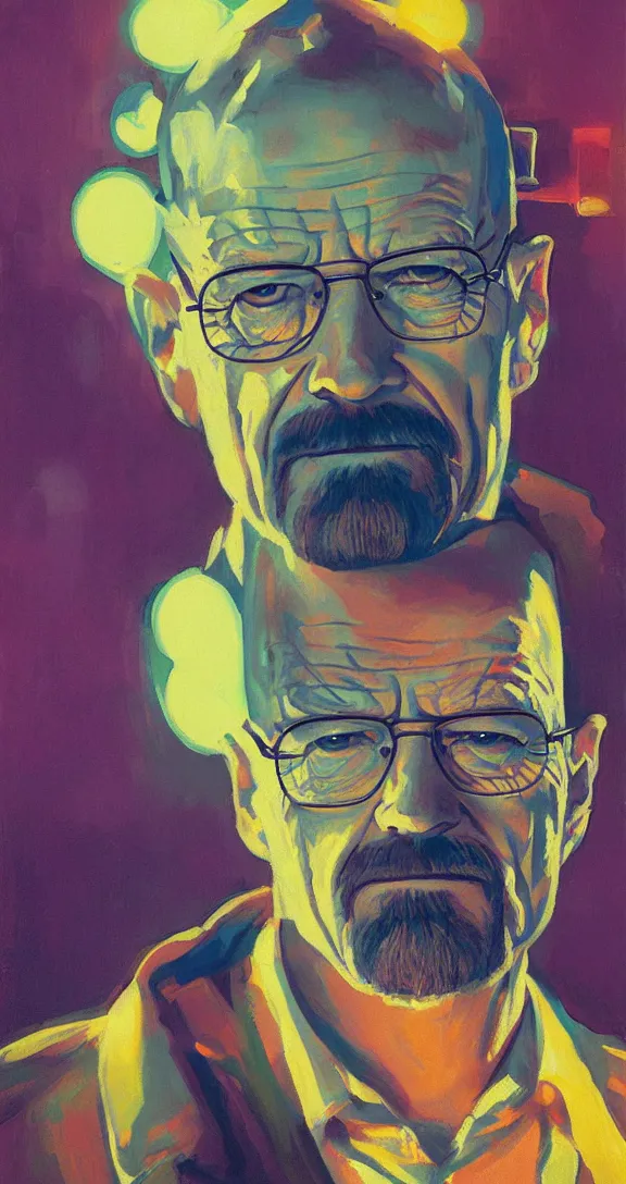 Image similar to a highly detailed beautiful portrait of walter white, neon lights, by gregory manchess, james gurney, james jean