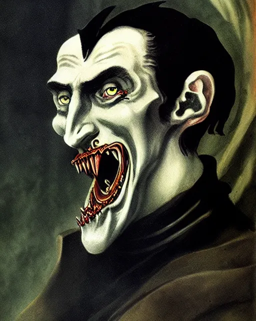 Image similar to dracula, character portrait, close up, concept art, intricate details, highly detailed by otto dix