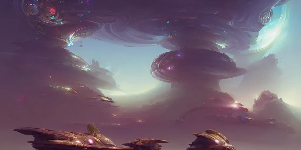 Prompt: a gigantic starship that contains gardens and nebulae, by peter mohrbacher and alex petruk, complex swirling accents, futuristic, trending on artstation