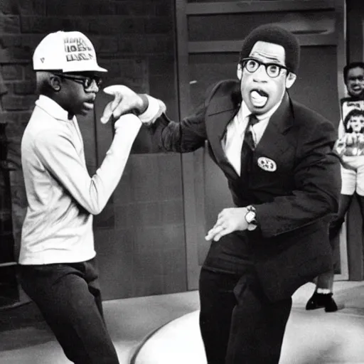 Image similar to steve urkle punching joe biden on the set of a 1 9 8 0 s children's show, detailed facial expressions