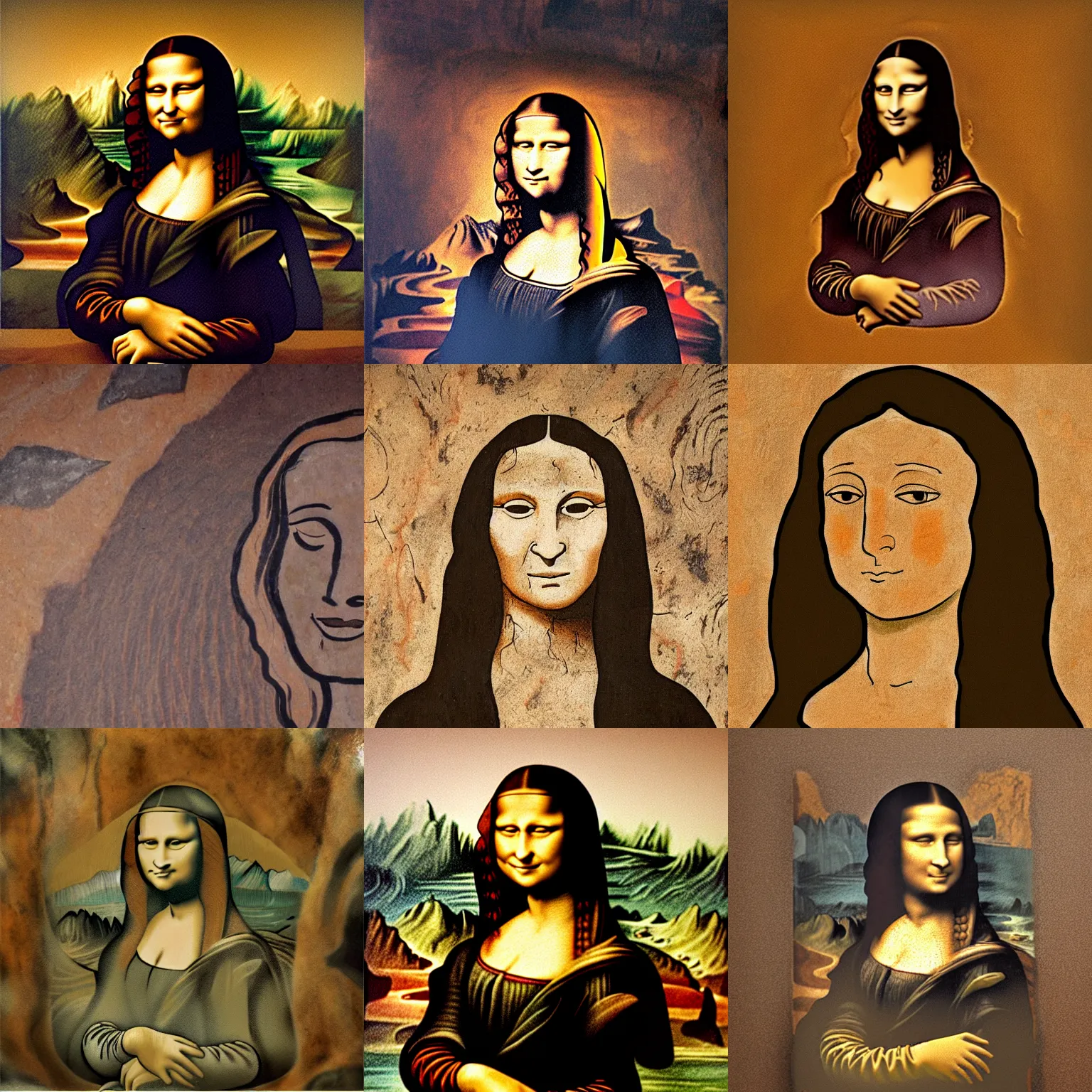 Prompt: cave painting inspired by mona lisa, paleolithic altamira cave art