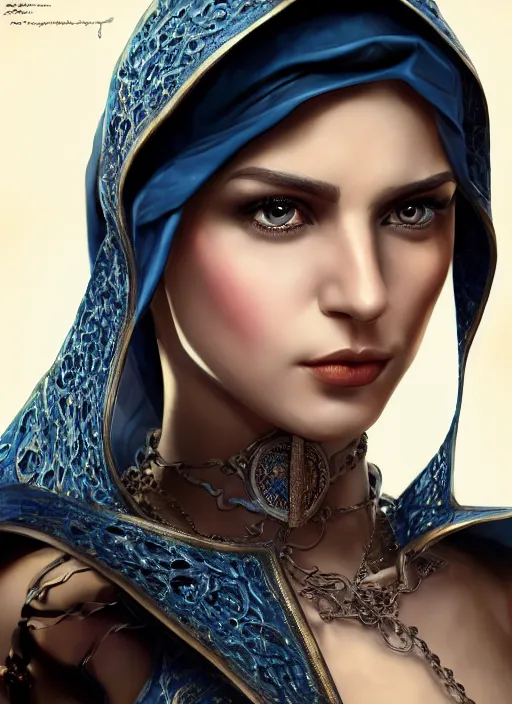Image similar to Beautiful Arab girl, blue eyes, leather, portrait, fantasy, medieval, oil colors, elegant, concept art, sharp focus, beautiful face, digital art, Hyper-realistic, 4K, Unreal Engine, Highly Detailed, HD, Dramatic Lighting by Brom, trending on Artstation
