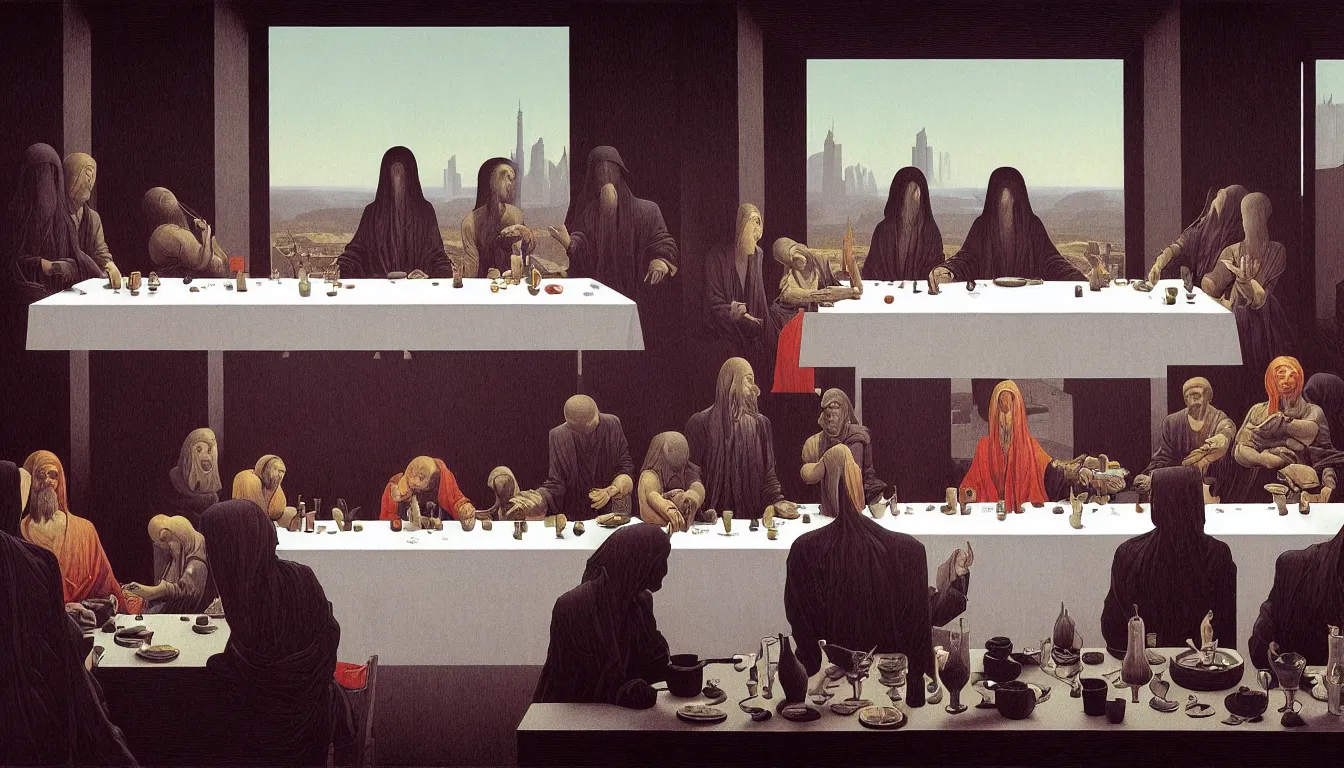 Image similar to colorful!!! the last supper by rene magritte, futuristic by laurie greasley and bouguereau, ( ( etching by gustave dore ) ), cyberpunk, ultraclear intricate, sharp focus, highly detailed digital painting illustration, concept art, masterpiece