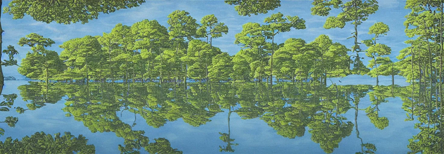 Image similar to escher painting of a lake, big trees reflecting on lake surface, ultra sharp, ultra detailed, colorized by salvador