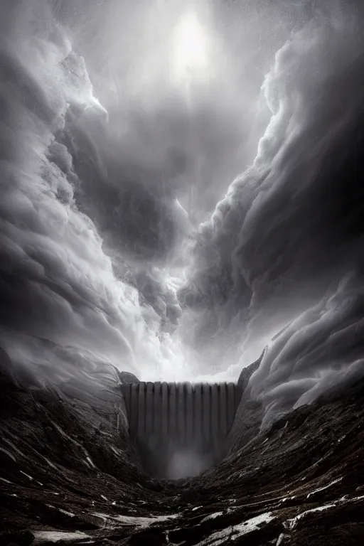 Image similar to a beautiful 3 d gigantic big detail megastructure white basalt wall dam borderland style glowing in cloud across the an ominous stormy snow mountain, in the thick fog, by stuart lippincott, volumetric lighting, dynamic lighting, dramatic lighting, high contrast, concept art, marble, religious, surrealism, catholicpunk, stark, trending on artstation